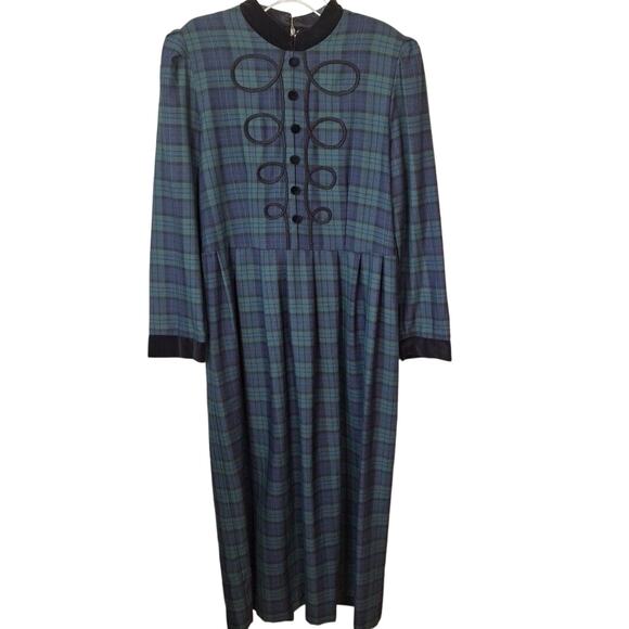 Vintage Green Plaid Velvet Collar Midi Long Sleeve Dress Goth Women Size M/L
